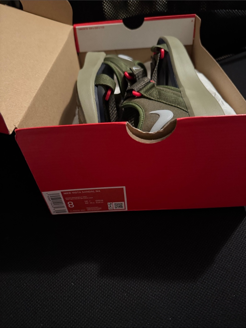 Nike Olive Green Sandals with White Swoosh and Red Accents